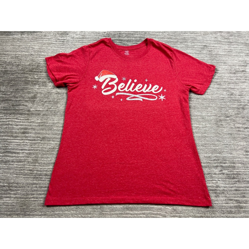 Holiday Time T-Shirt Womens M Red Believe Santa Hat Glitter Graphic Short Sleeve
